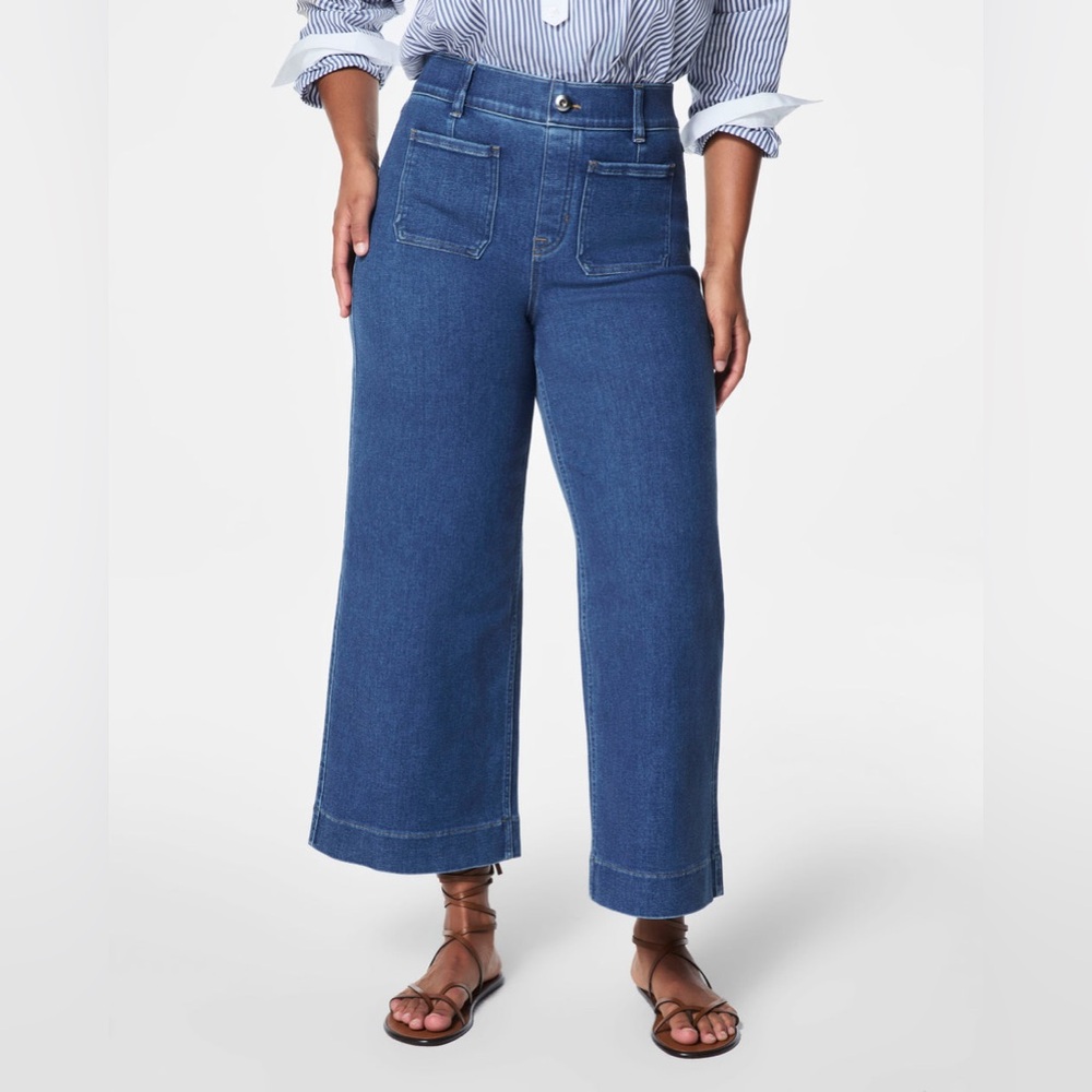 NWT SPANX Cropped Wide Leg Jeans with Patch Pockets in Washes Blue 1X Tall